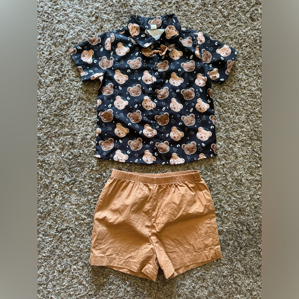 Bear Print Shirt and Tan Shorts Set Boy 2-3T